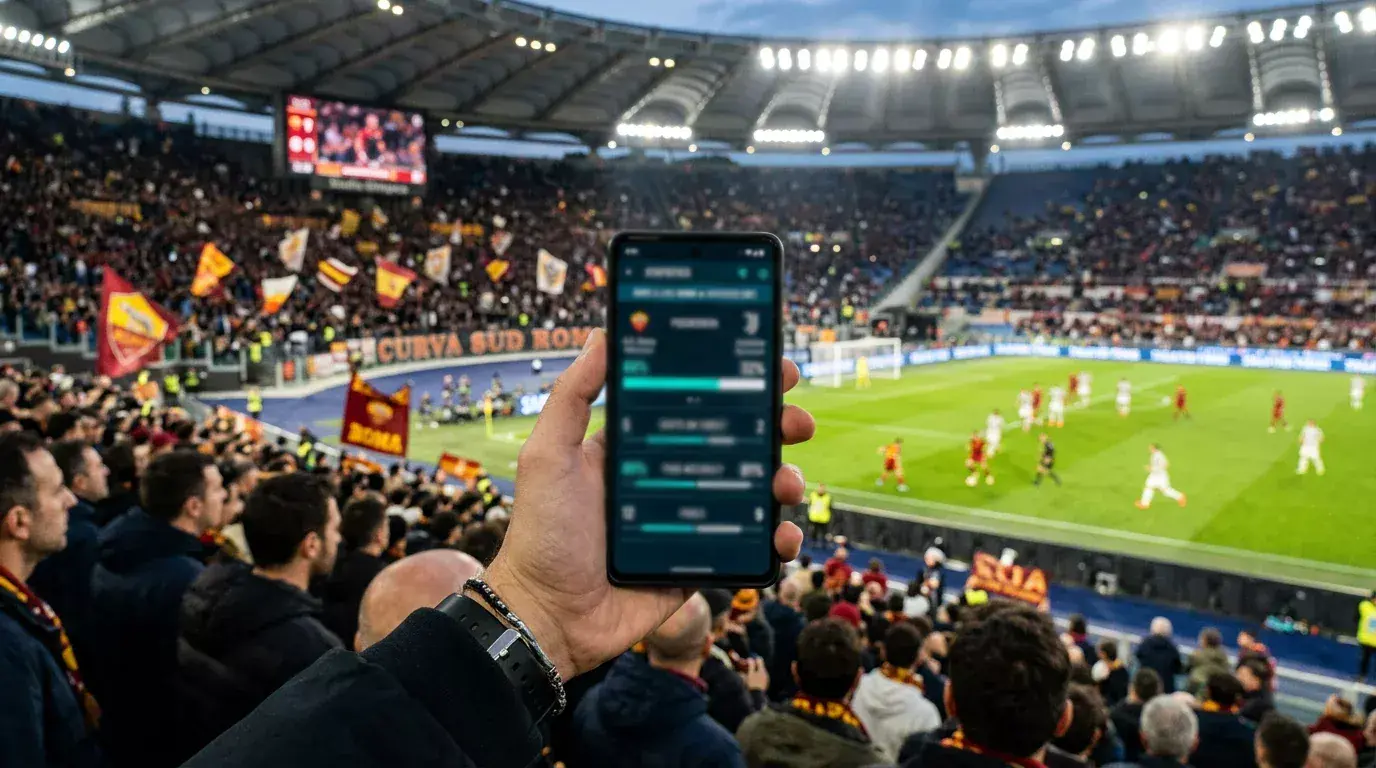 Voetbalwedstrijd in de Serie A vanuit het stadion met live statistieken op een mobiel scherm